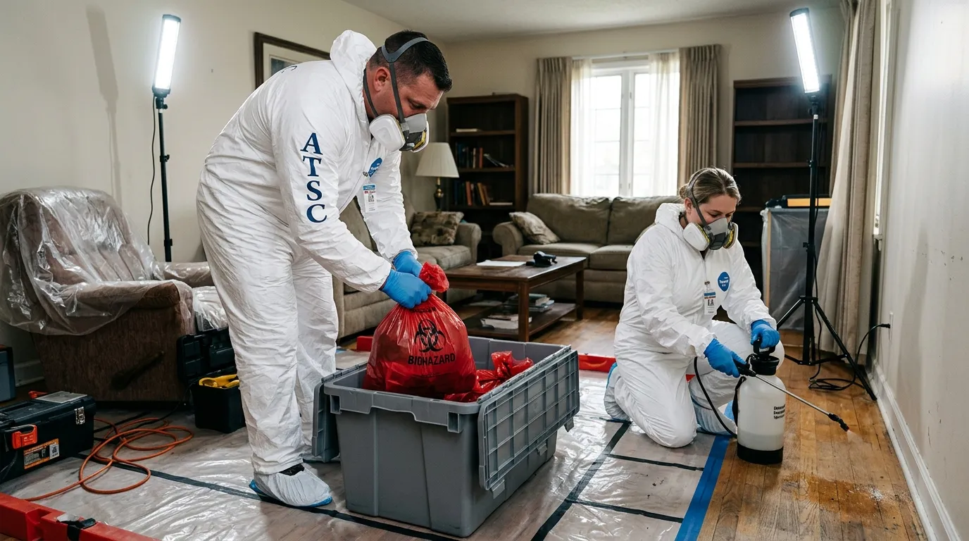 Professional Hoarding Cleanup technician in full PPE working in Litchfield Park